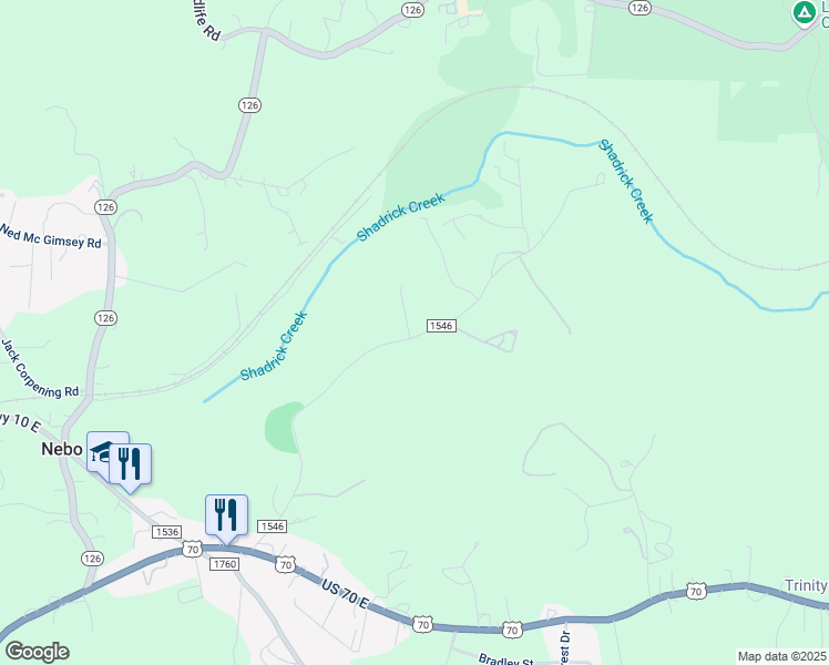 map of restaurants, bars, coffee shops, grocery stores, and more near 592 Cemetary Road in Nebo