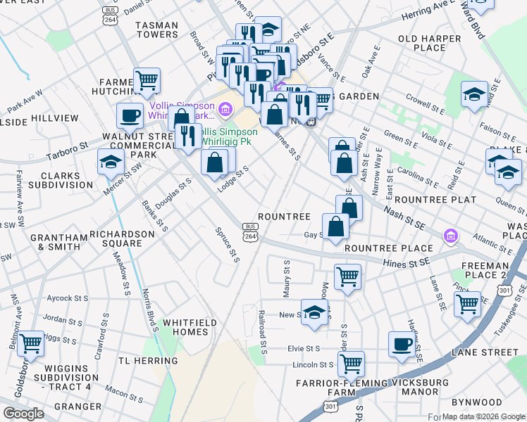 map of restaurants, bars, coffee shops, grocery stores, and more near 411 Layton Street South in Wilson