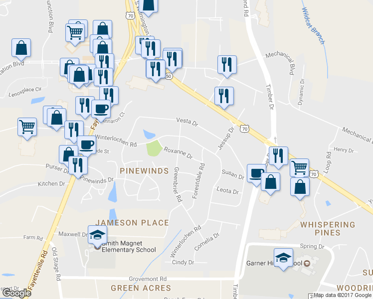 map of restaurants, bars, coffee shops, grocery stores, and more near 416 Roxanne Drive in Raleigh