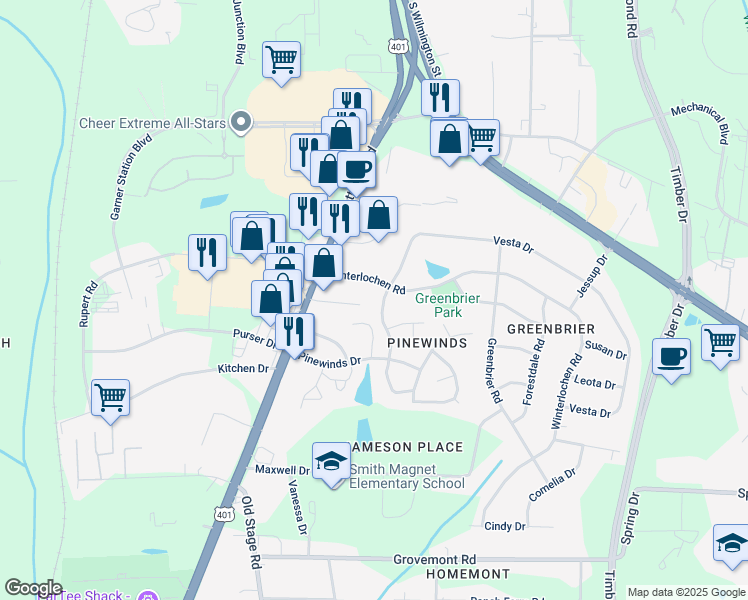 map of restaurants, bars, coffee shops, grocery stores, and more near 4110 Vesta Drive in Raleigh