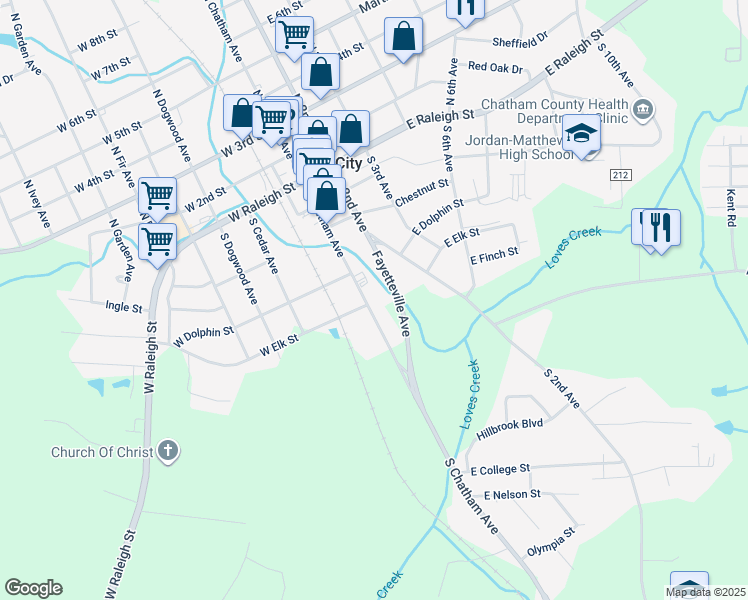 map of restaurants, bars, coffee shops, grocery stores, and more near 501 South Chatham Avenue in Siler City