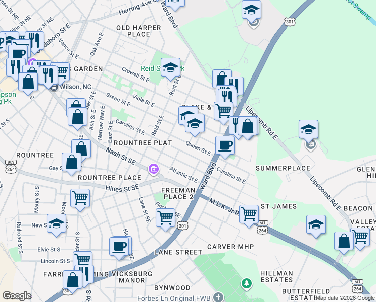 map of restaurants, bars, coffee shops, grocery stores, and more near 1311 Washington Street East in Wilson