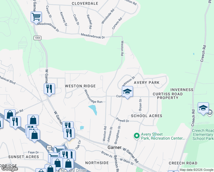 map of restaurants, bars, coffee shops, grocery stores, and more near 202 Weston Road in Garner