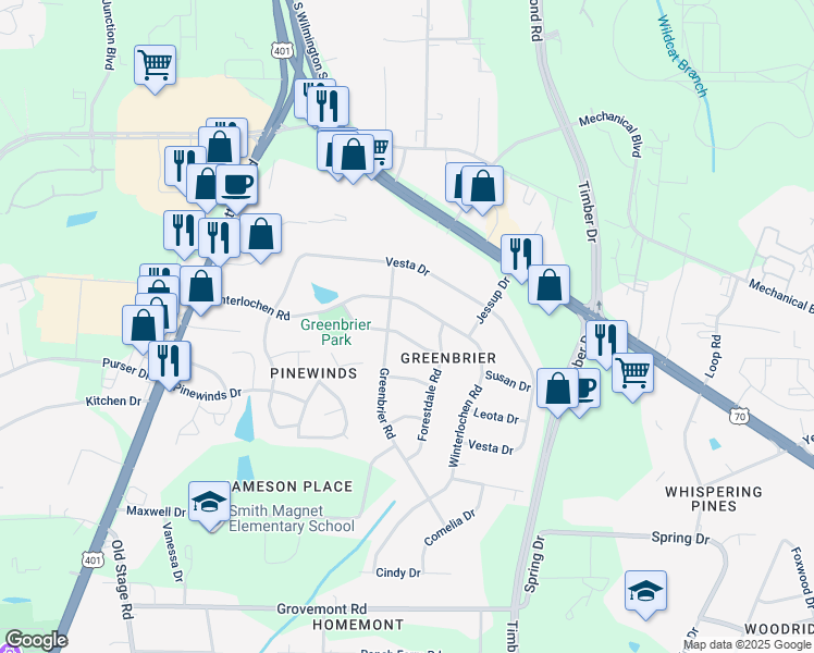 map of restaurants, bars, coffee shops, grocery stores, and more near 416 Roxanne Drive in Raleigh