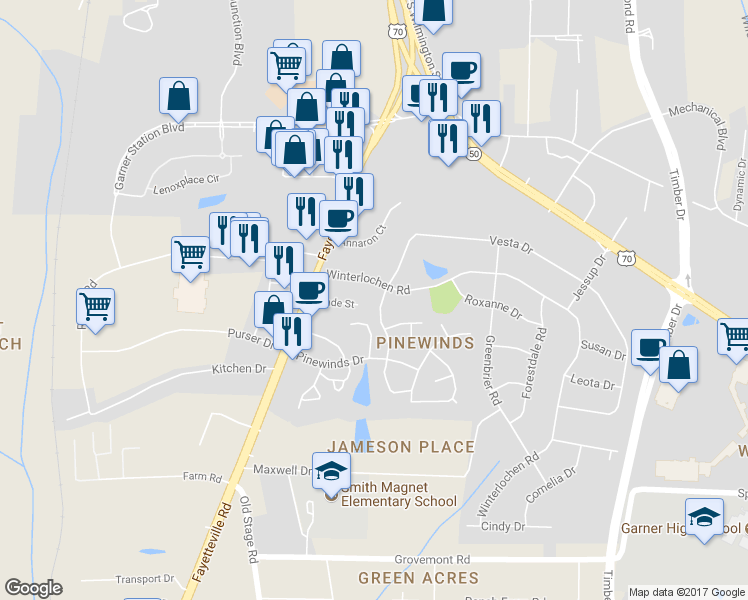 map of restaurants, bars, coffee shops, grocery stores, and more near 4110 Vesta Drive in Raleigh