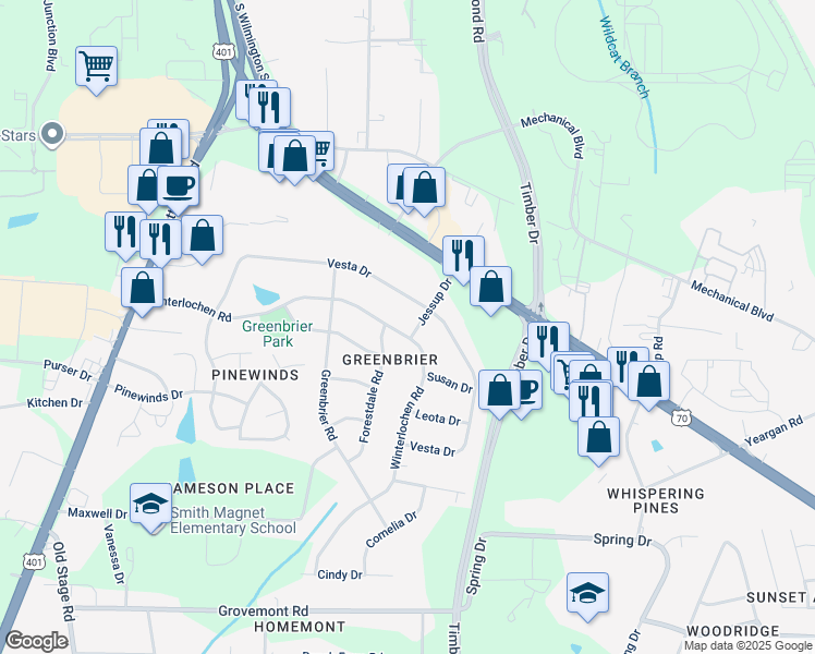 map of restaurants, bars, coffee shops, grocery stores, and more near 4408 Jessup Drive in Raleigh