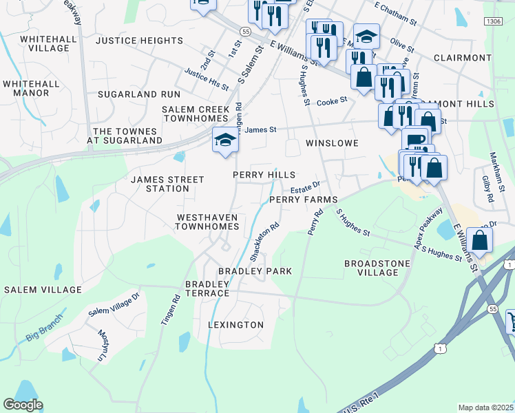 map of restaurants, bars, coffee shops, grocery stores, and more near 126 Litton Street in Apex