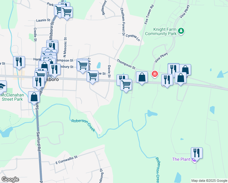 map of restaurants, bars, coffee shops, grocery stores, and more near 280 Toomer Loop Road in Pittsboro
