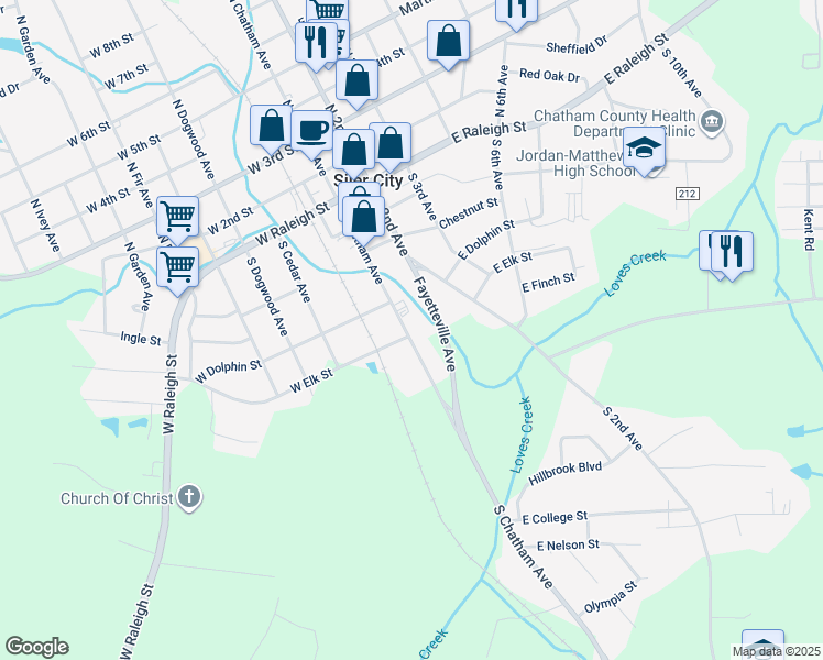 map of restaurants, bars, coffee shops, grocery stores, and more near 501 South Chatham Avenue in Siler City