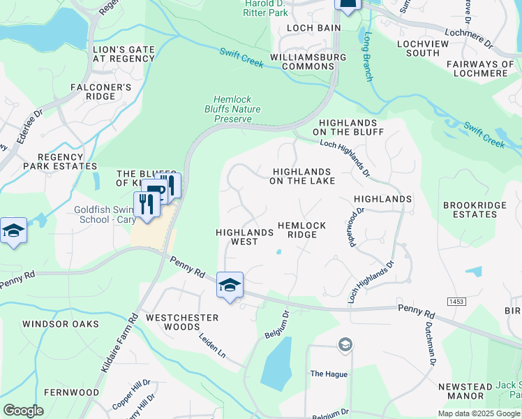 map of restaurants, bars, coffee shops, grocery stores, and more near 403 Crickentree Drive in Cary