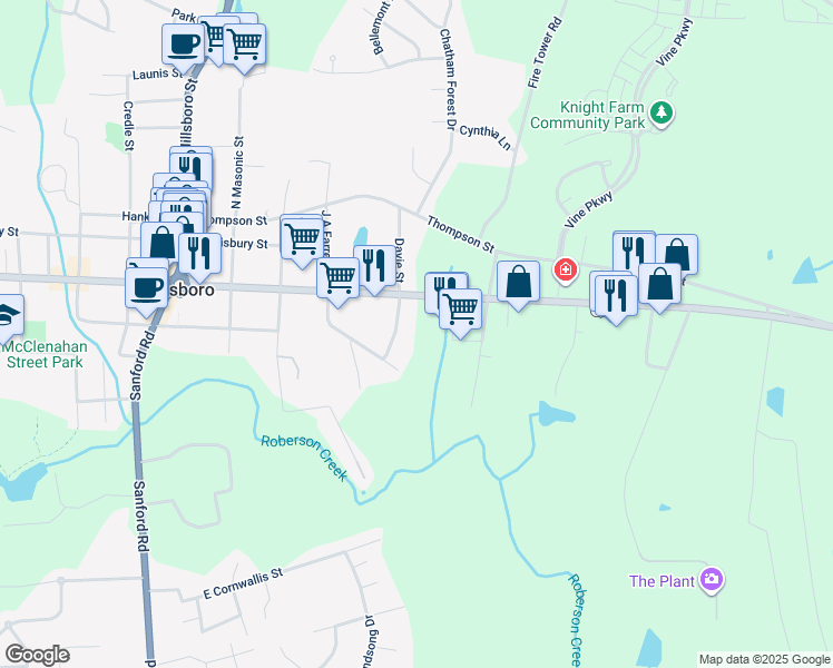 map of restaurants, bars, coffee shops, grocery stores, and more near 280 Toomer Loop Road in Pittsboro