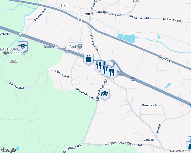 map of restaurants, bars, coffee shops, grocery stores, and more near in Icard