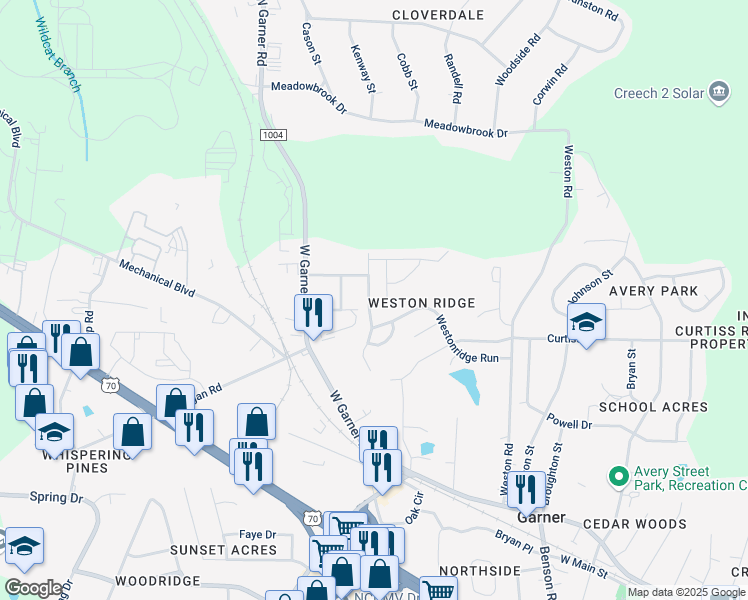 map of restaurants, bars, coffee shops, grocery stores, and more near 108 Grassy Rio Lane in Garner