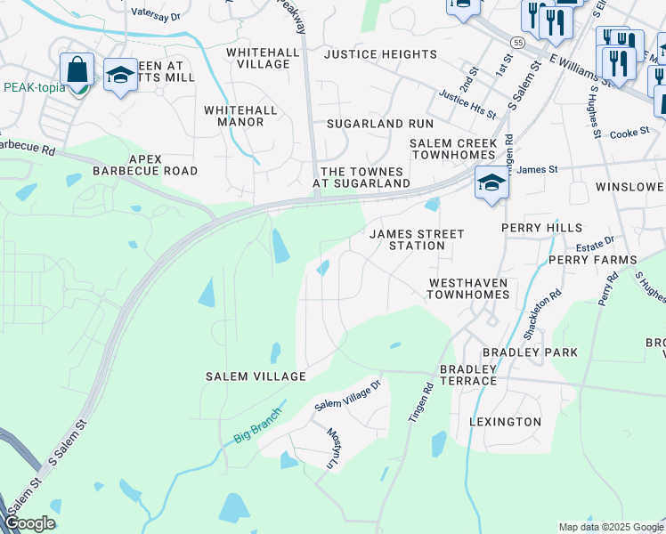 map of restaurants, bars, coffee shops, grocery stores, and more near 1444 Padstone Drive in Apex