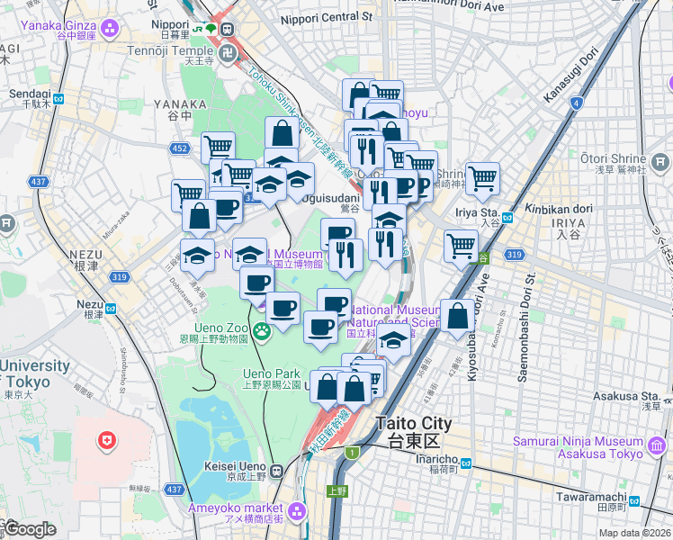 map of restaurants, bars, coffee shops, grocery stores, and more near in Taitō
