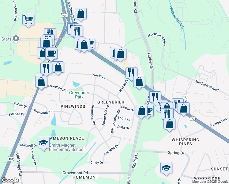 map of restaurants, bars, coffee shops, grocery stores, and more near 4408 Jessup Drive in Raleigh