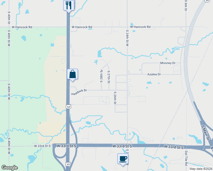 map of restaurants, bars, coffee shops, grocery stores, and more near 2709 South 27th Street in Muskogee