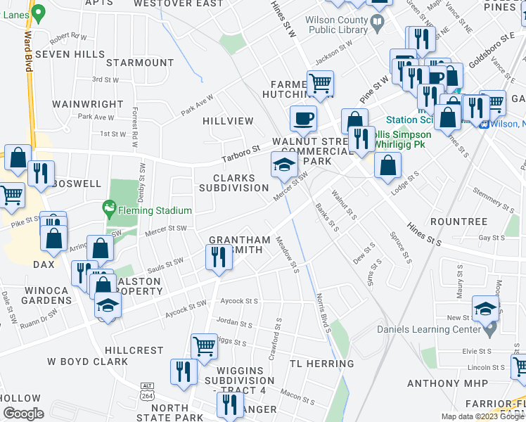 map of restaurants, bars, coffee shops, grocery stores, and more near 901 Mercer Street Southwest in Wilson