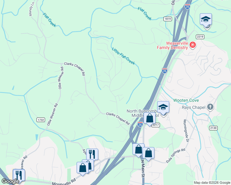 map of restaurants, bars, coffee shops, grocery stores, and more near 30 Kennedy Road in Weaverville