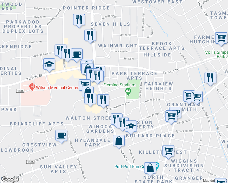 map of restaurants, bars, coffee shops, grocery stores, and more near 1117 Churchill Avenue Southwest in Wilson