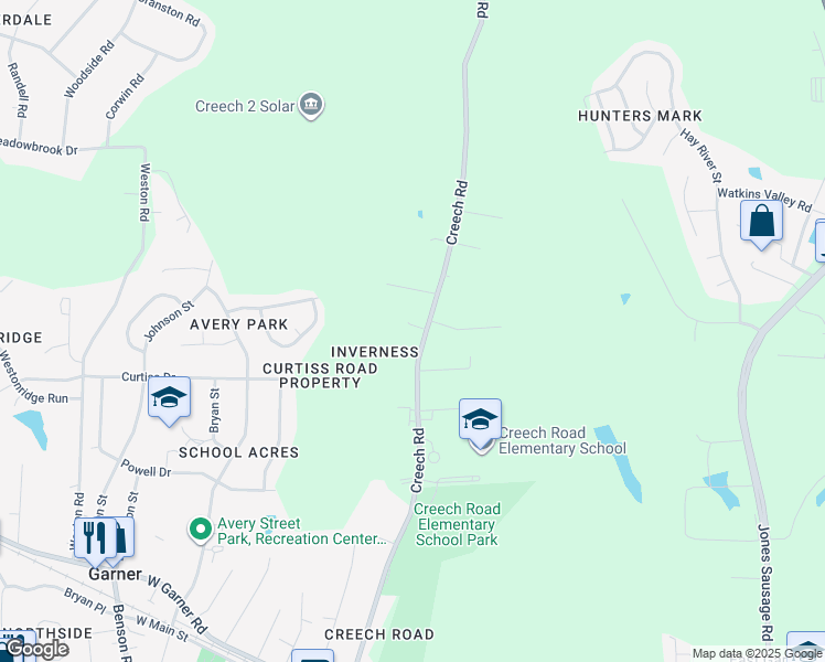 map of restaurants, bars, coffee shops, grocery stores, and more near 709 Creech Road in Garner