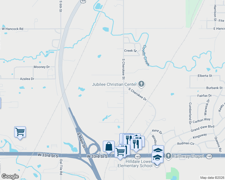 map of restaurants, bars, coffee shops, grocery stores, and more near 120 Cherokee Lane in Muskogee