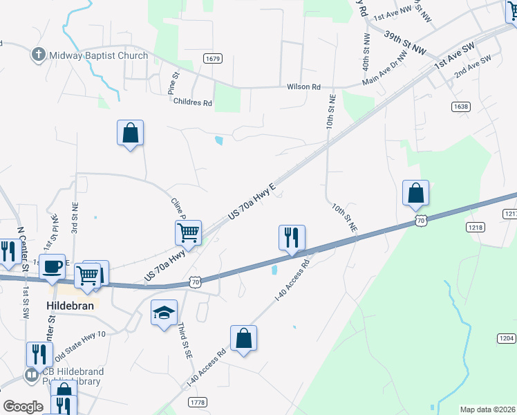 map of restaurants, bars, coffee shops, grocery stores, and more near 306 Highway 70A East in Hildebran