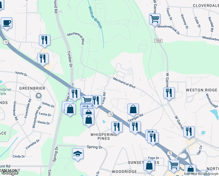 map of restaurants, bars, coffee shops, grocery stores, and more near 405 Loop Road in Garner