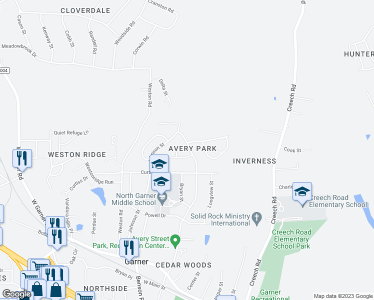 map of restaurants, bars, coffee shops, grocery stores, and more near 615 Avery Street in Garner