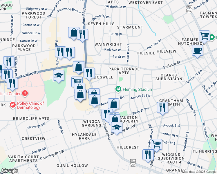 map of restaurants, bars, coffee shops, grocery stores, and more near 1111 Churchill Avenue Southwest in Wilson