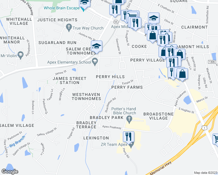 map of restaurants, bars, coffee shops, grocery stores, and more near 110 Litton Street in Apex
