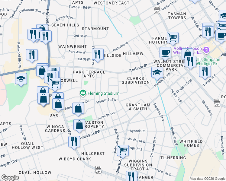 map of restaurants, bars, coffee shops, grocery stores, and more near 809 Selma Street Southwest in Wilson