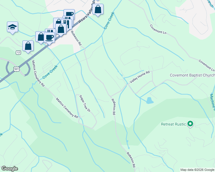 map of restaurants, bars, coffee shops, grocery stores, and more near 3369 Robeson Road in Sevierville