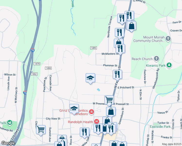 map of restaurants, bars, coffee shops, grocery stores, and more near 246 Hampton Road in Asheboro