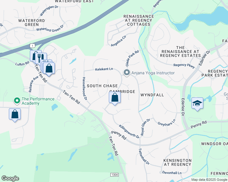 map of restaurants, bars, coffee shops, grocery stores, and more near 208 Gentlewoods Drive in Cary