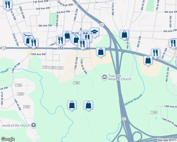 map of restaurants, bars, coffee shops, grocery stores, and more near 1149 12th Street Drive Southwest in Hickory