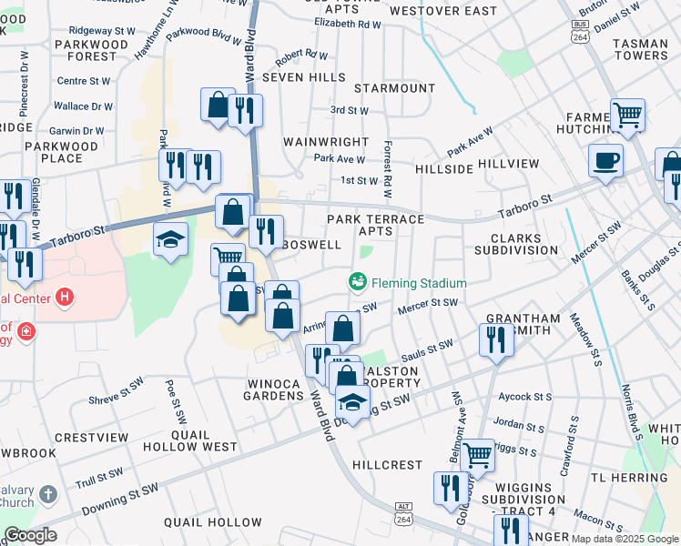 map of restaurants, bars, coffee shops, grocery stores, and more near 1103 Churchill Avenue Southwest in Wilson
