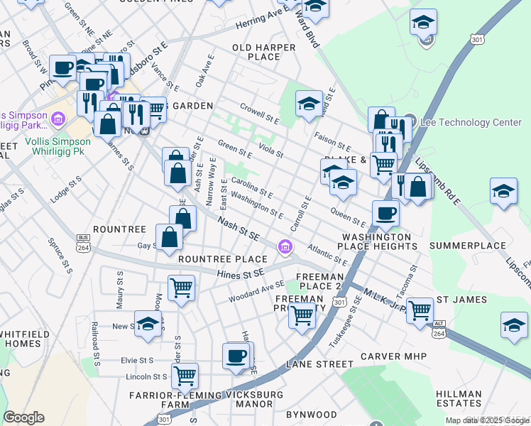 map of restaurants, bars, coffee shops, grocery stores, and more near 1000-1004 Washington Street East in Wilson