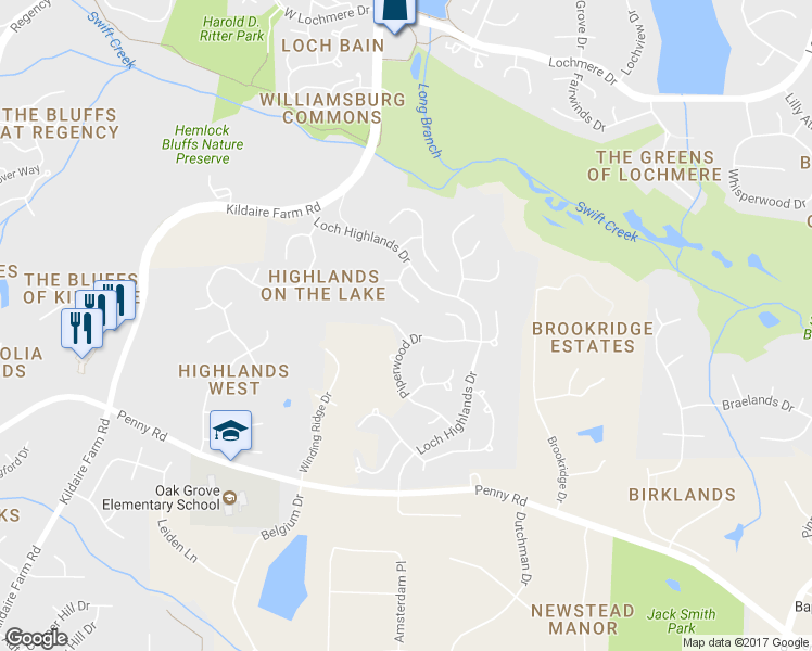 map of restaurants, bars, coffee shops, grocery stores, and more near 102 Clubstone Lane in Cary