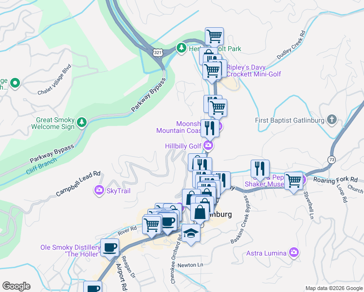 map of restaurants, bars, coffee shops, grocery stores, and more near 100-148 Greystone Heights Road in Gatlinburg