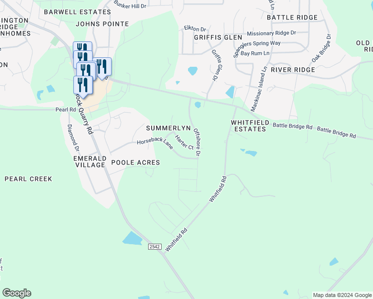 map of restaurants, bars, coffee shops, grocery stores, and more near 6842 Harter Court in Raleigh