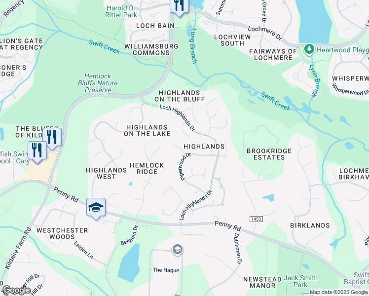 map of restaurants, bars, coffee shops, grocery stores, and more near 102 Clubstone Lane in Cary