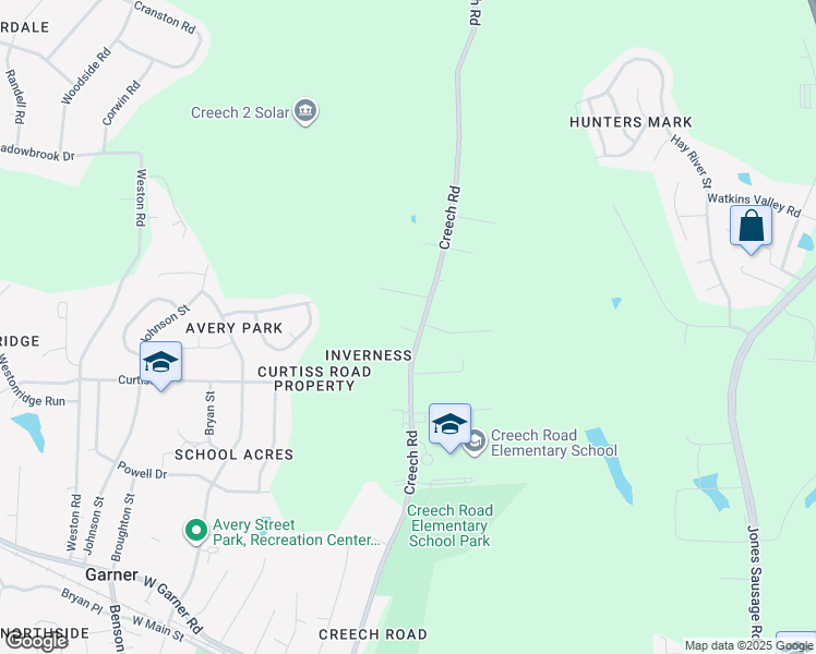 map of restaurants, bars, coffee shops, grocery stores, and more near 709 Creech Road in Garner