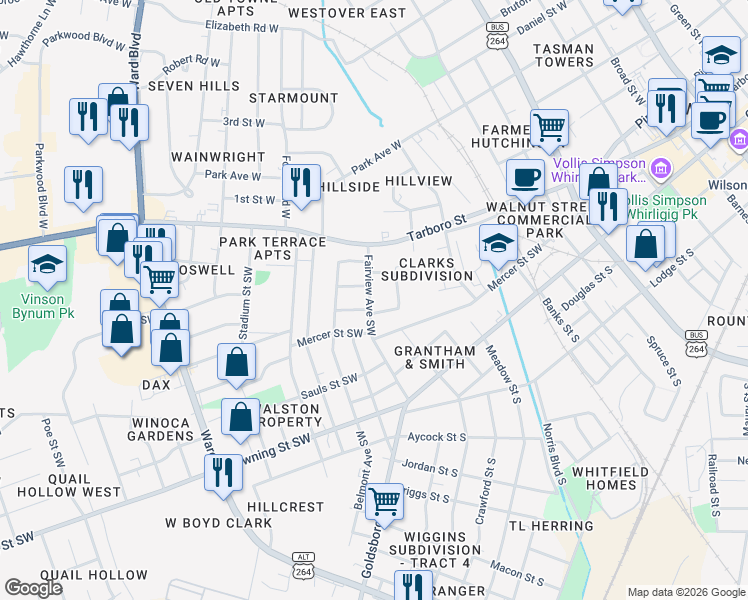 map of restaurants, bars, coffee shops, grocery stores, and more near 211 Fairview Avenue Southwest in Wilson