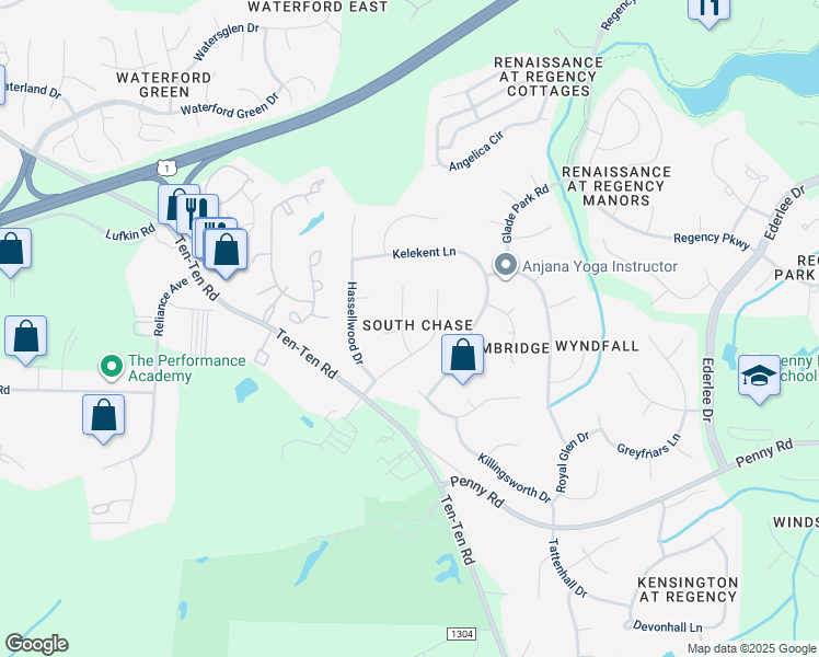 map of restaurants, bars, coffee shops, grocery stores, and more near 104 Asbill Court in Cary