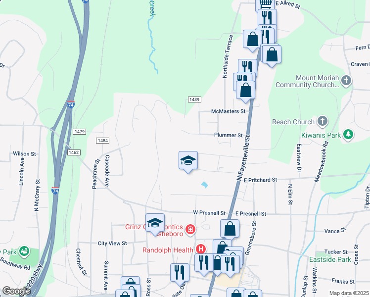 map of restaurants, bars, coffee shops, grocery stores, and more near 246 Hampton Road in Asheboro