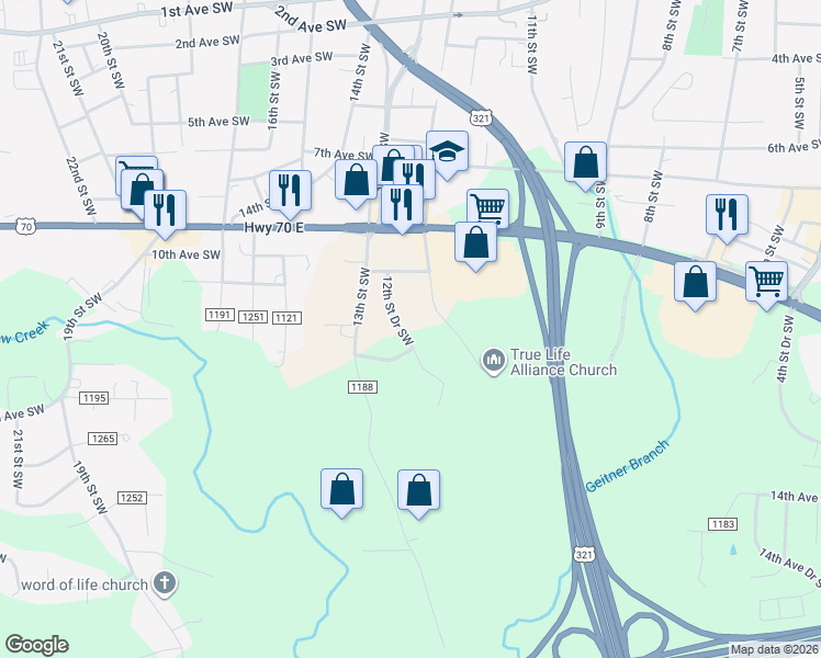 map of restaurants, bars, coffee shops, grocery stores, and more near 1149 12th Street Drive Southwest in Hickory