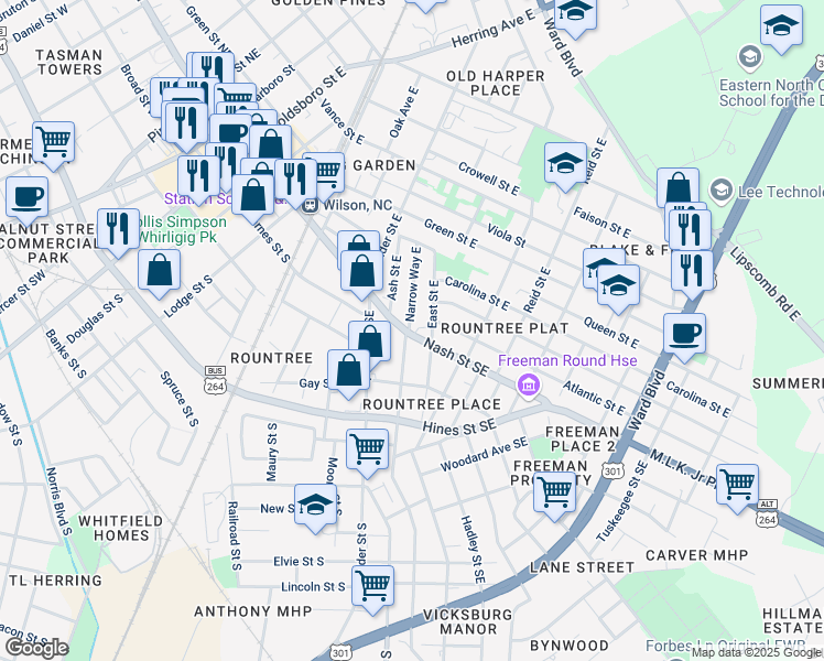 map of restaurants, bars, coffee shops, grocery stores, and more near 801 Nash Street Southeast in Wilson