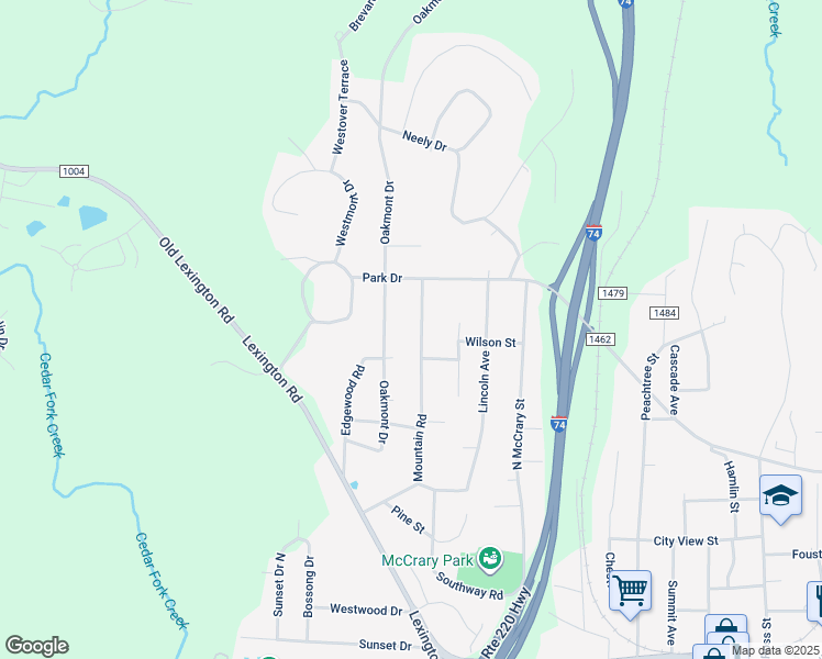 map of restaurants, bars, coffee shops, grocery stores, and more near 828 Oakmont Drive in Asheboro