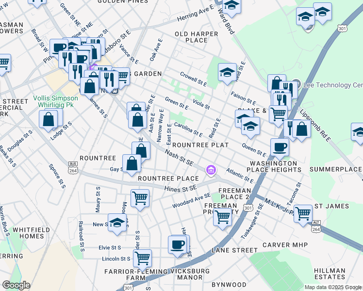 map of restaurants, bars, coffee shops, grocery stores, and more near 919 Atlantic Street East in Wilson